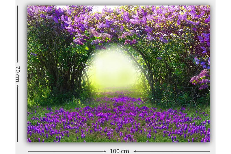 Canvastavla 70x100 cm - Magisk trädgård med lila blommor som leder in i en ljus tunnel av grönska - Lila / Grön / Gul - Inredning - Tavlor & posters - Canvastavla