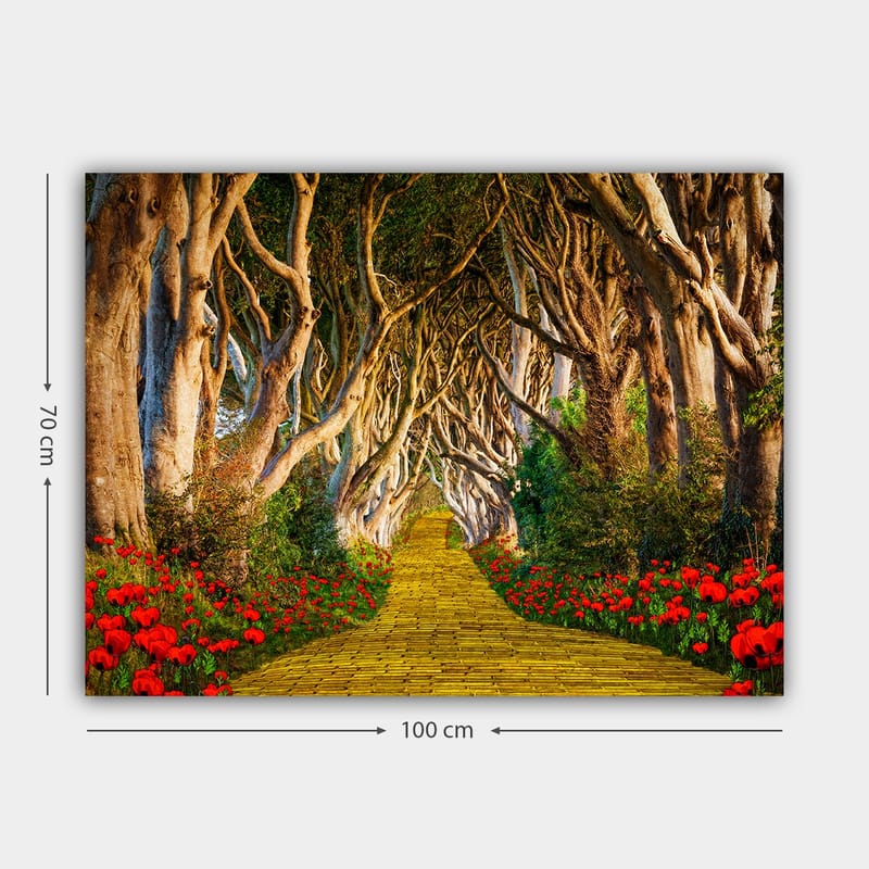 Canvastavla 70x100 cm - Magisk väg kantad av blommor som leder genom en tunnel av träd - Gult / Grönt / Rött - Inredning - Tavlor & posters - Canvastavla