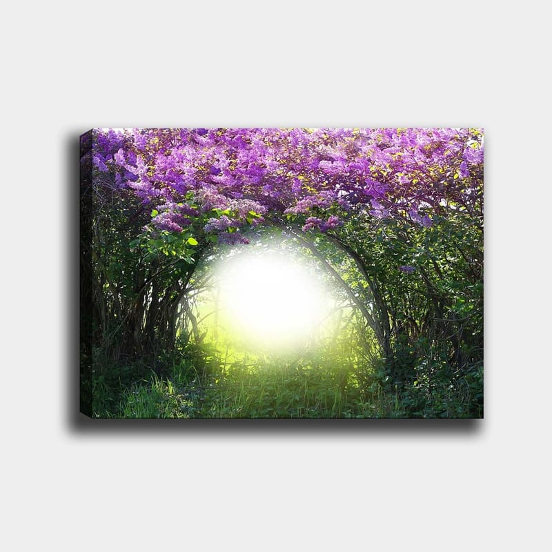 Canvastavla 70x100 cm - Magisk portal omgiven av lila blommor och grönska, Lila / Grön / Vit