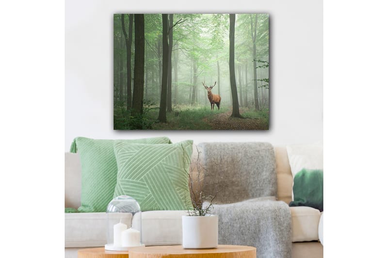 Canvastavla 70x100 cm - Majestätisk älg står stolt i en dimmig skog omgiven av gröna träd, Grön / Brun / Grå