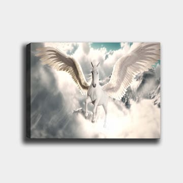Canvastavla 70x100 cm - Majestätisk bevingad enhörning som svävar genom molnen - Vit / Ljusblå / Grå - Inredning - Tavlor & posters - Canvastavla