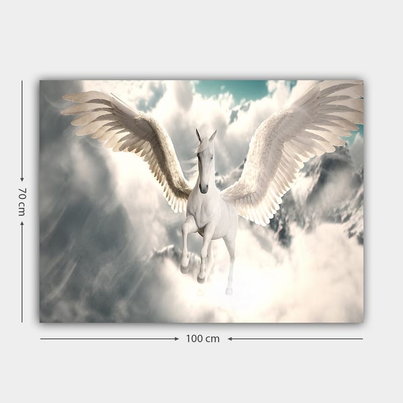 Canvastavla 70x100 cm - Majestätisk bevingad enhörning som svävar genom molnen - Vit / Ljusblå / Grå - Inredning - Tavlor & posters - Canvastavla