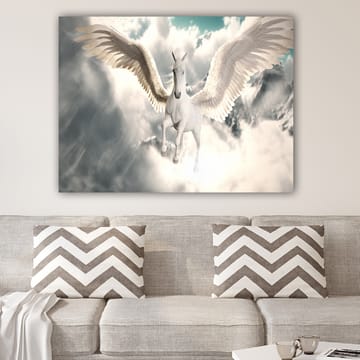 Canvastavla 70x100 cm - Majestätisk bevingad enhörning som svävar genom molnen - Vit / Ljusblå / Grå - Inredning - Tavlor & posters - Canvastavla
