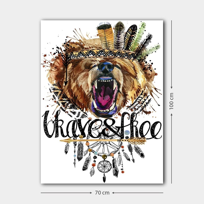 Canvastavla 70x100 cm - Majestätisk björnhuvud med en färgglad fjäderkrans och dekorativa detaljer - Brun / Svart / Orange - Inredning - Tavlor & posters - Canvastavla