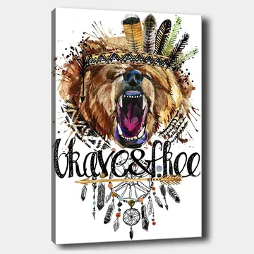 Canvastavla 70x100 cm - Majestätisk björnhuvud med en färgglad fjäderkrans och dekorativa detaljer - Brun / Svart / Orange - Inredning - Tavlor & posters - Canvastavla