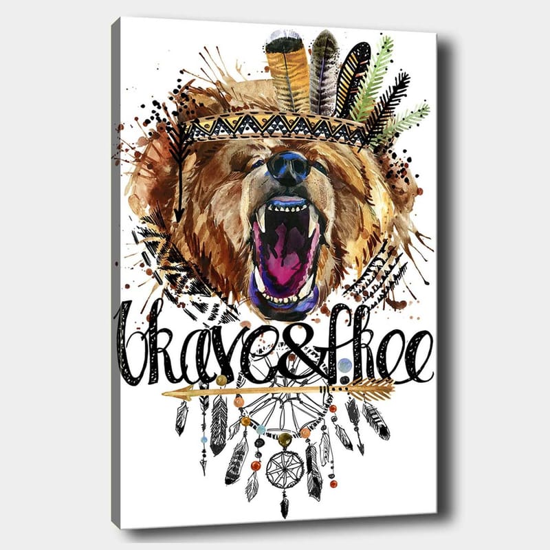 Canvastavla 70x100 cm - Majestätisk björnhuvud med en färgglad fjäderkrans och dekorativa detaljer - Brun / Svart / Orange - Inredning - Tavlor & posters - Canvastavla