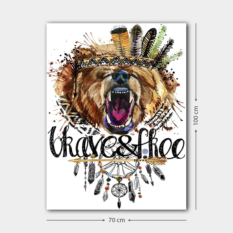 Canvastavla 70x100 cm - Majestätisk björnhuvud med en färgglad fjäderkrans och dekorativa detaljer - Brun / Svart / Orange - Inredning - Tavlor & posters - Canvastavla