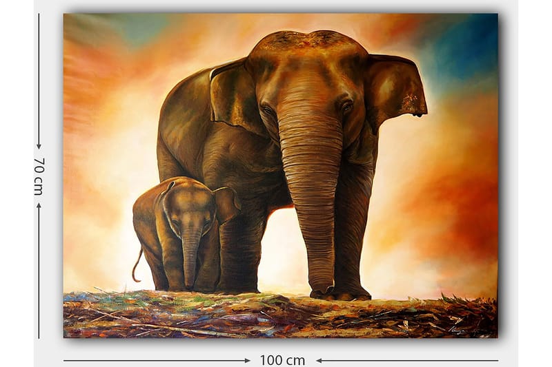 Canvastavla 70x100 cm - Majestätisk elefant med sitt kalv i en varm och färgrik miljö - Brun / Orange / Beige - Inredning - Tavlor & posters - Canvastavla
