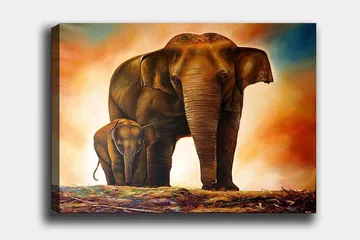Canvastavla 70x100 cm - Majestätisk elefant med sitt kalv i en varm och färgrik miljö - Brun / Orange / Beige - Inredning - Tavlor & posters - Canvastavla