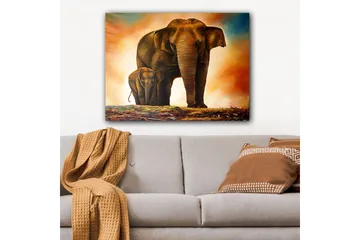 Canvastavla 70x100 cm - Majestätisk elefant med sitt kalv i en varm och färgrik miljö - Brun / Orange / Beige - Inredning - Tavlor & posters - Canvastavla
