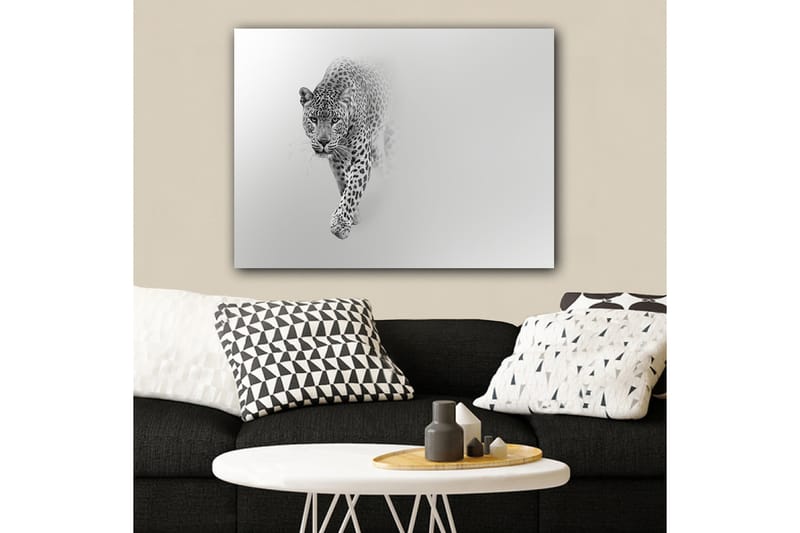 Canvastavla 70x100 cm - Majestätisk leopard som rör sig framåt i en stilren och minimalistisk komposition - Svart / Grå - Inredning - Tavlor & posters - Canvastavla