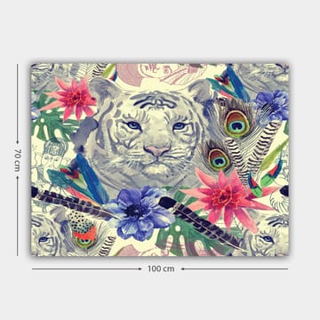 Canvastavla 70x100 cm - Majestätisk vit tiger omgiven av färgglada blommor och fjädrar - Vit / Grön / Rosa - Inredning - Tavlor & posters - Canvastavla