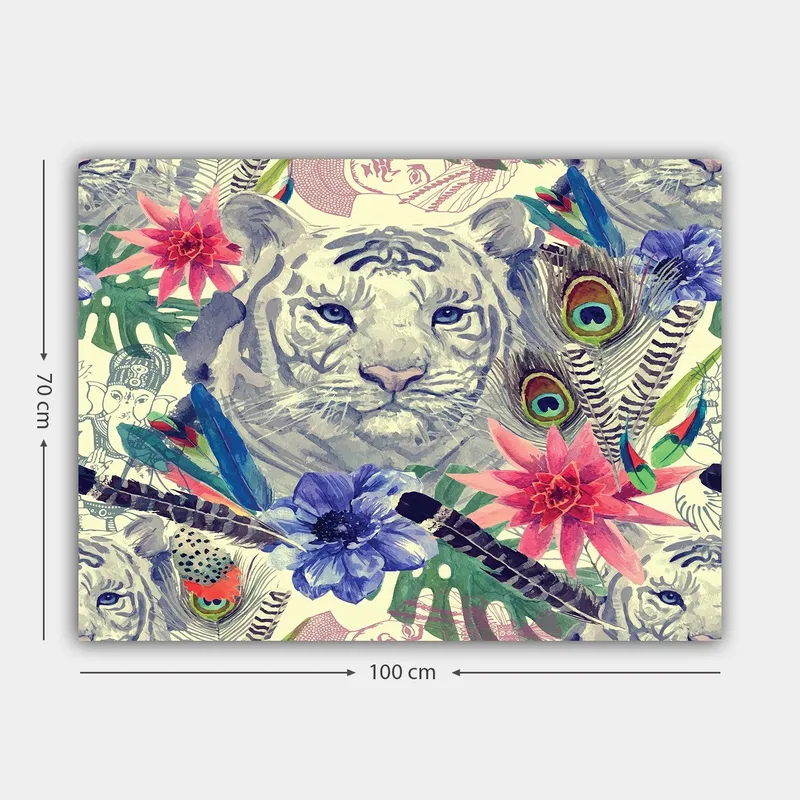 Canvastavla 70x100 cm - Majestätisk vit tiger omgiven av färgglada blommor och fjädrar - Vit / Grön / Rosa - Inredning - Tavlor & posters - Canvastavla