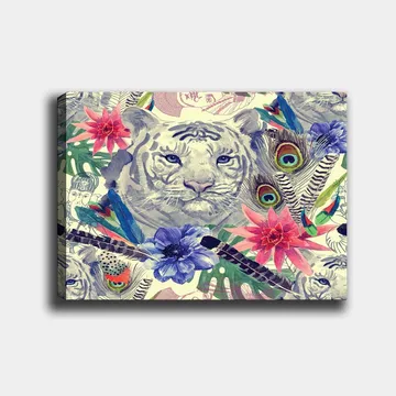 Canvastavla 70x100 cm - Majestätisk vit tiger omgiven av färgglada blommor och fjädrar - Vit / Grön / Rosa - Inredning - Tavlor & posters - Canvastavla