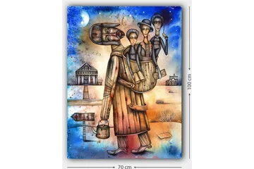 Canvastavla 70x100 cm - Man bär en kvinna och ett barn på ryggen, omgiven av en landskapsmiljö med hus och en skylt - Blå / Brun / Beige - Inredning - Tavlor & posters - Canvastavla