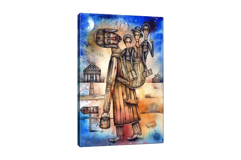 Canvastavla 70x100 cm - Man bär en kvinna och ett barn på ryggen, omgiven av en landskapsmiljö med hus och en skylt, Blå / Brun / Beige