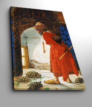 Canvastavla 70x100 cm - Man i röd klädnad som står vid en dörröppning och betraktar sköldpaddor på golvet - Röd / Blå / Beige - Inredning - Tavlor & posters - Canvastavla