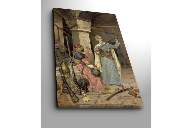 Canvastavla 70x100 cm - Man i traditionell klädsel visar upp ett svärd medan en kvinna i färgglada kläder ser på med intresse - Blå / Röd / Grön - Inredning - Tavlor & posters - Canvastavla