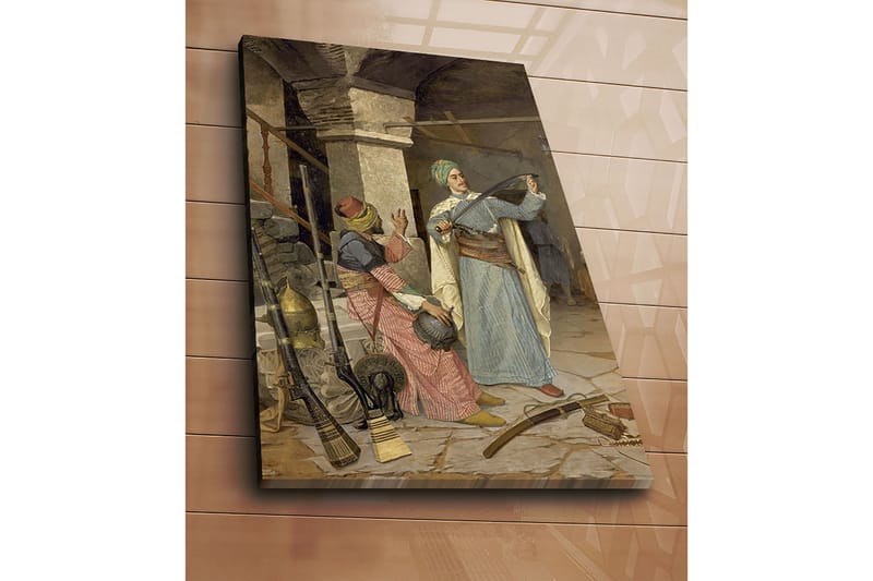 Canvastavla 70x100 cm - Man i traditionell klädsel visar upp ett svärd medan en kvinna i färgglada kläder ser på med intresse - Blå / Röd / Grön - Inredning - Tavlor & posters - Canvastavla