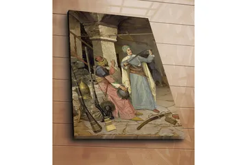 Canvastavla 70x100 cm - Man i traditionell klädsel visar upp ett svärd medan en kvinna i färgglada kläder ser på med intresse - Blå / Röd / Grön - Inredning - Tavlor & posters - Canvastavla