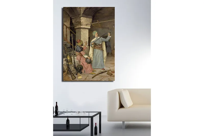 Canvastavla 70x100 cm - Man i traditionell klädsel visar upp ett svärd medan en kvinna i färgglada kläder ser på med intresse - Blå / Röd / Grön - Inredning - Tavlor & posters - Canvastavla