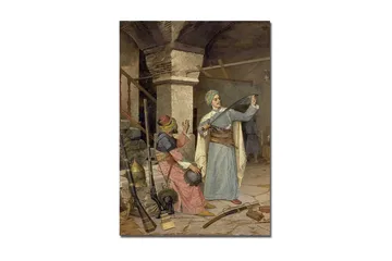 Canvastavla 70x100 cm - Man i traditionell klädsel visar upp ett svärd medan en kvinna i färgglada kläder ser på med intresse - Blå / Röd / Grön - Inredning - Tavlor & posters - Canvastavla