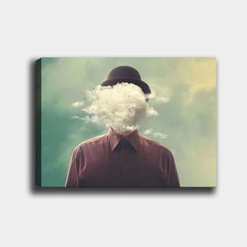 Canvastavla 70x100 cm - Man med hatt vars ansikte är dolt av en molnformation - Mörkbrun / Ljusgrå / Grön - Inredning - Tavlor & posters - Canvastavla