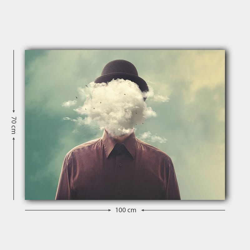 Canvastavla 70x100 cm - Man med hatt vars ansikte är dolt av en molnformation - Mörkbrun / Ljusgrå / Grön - Inredning - Tavlor & posters - Canvastavla