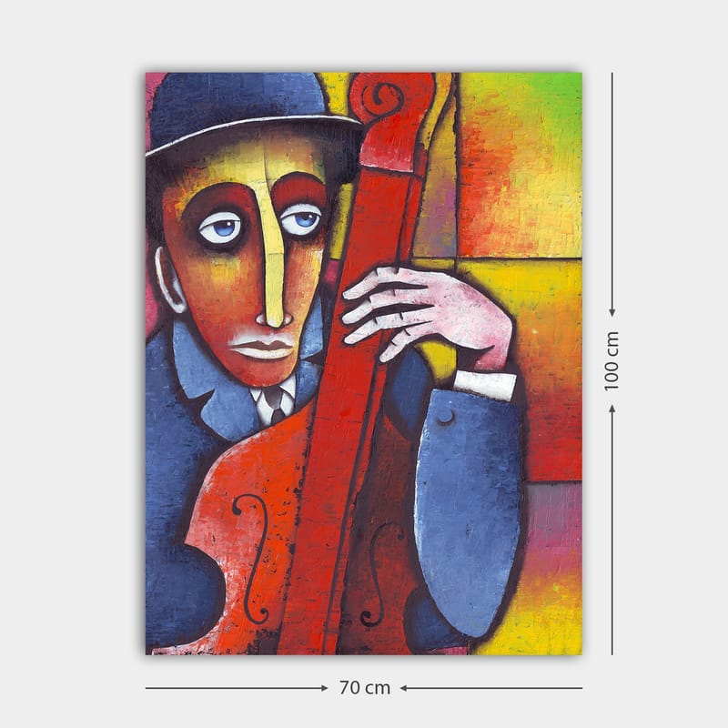Canvastavla 70x100 cm - Man som spelar ett rödaktigt instrument med en melankolisk uttryck - Röd / Blå / Gul - Inredning - Tavlor & posters - Canvastavla