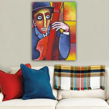 Canvastavla 70x100 cm - Man som spelar ett rödaktigt instrument med en melankolisk uttryck - Röd / Blå / Gul - Inredning - Tavlor & posters - Canvastavla