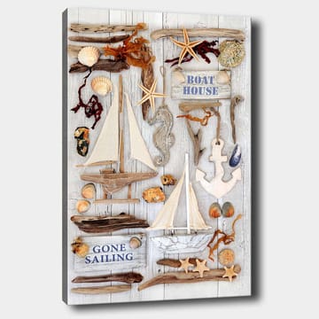 Canvastavla 70x100 cm - Maritim komposition med segelbåtar, snäckor och sjöstjärnor som skapar en somrig atmosfär - Beige / Brunt / Blått - Inredning - Tavlor & posters - Canvastavla