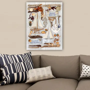 Canvastavla 70x100 cm - Maritim komposition med segelbåtar, snäckor och sjöstjärnor som skapar en somrig atmosfär - Beige / Brunt / Blått - Inredning - Tavlor & posters - Canvastavla