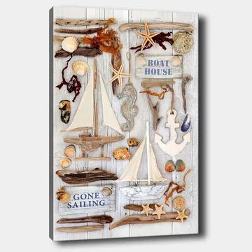 Canvastavla 70x100 cm - Maritim komposition med segelbåtar, snäckor och sjöstjärnor som skapar en somrig atmosfär - Beige / Brunt / Blått - Inredning - Tavlor & posters - Canvastavla