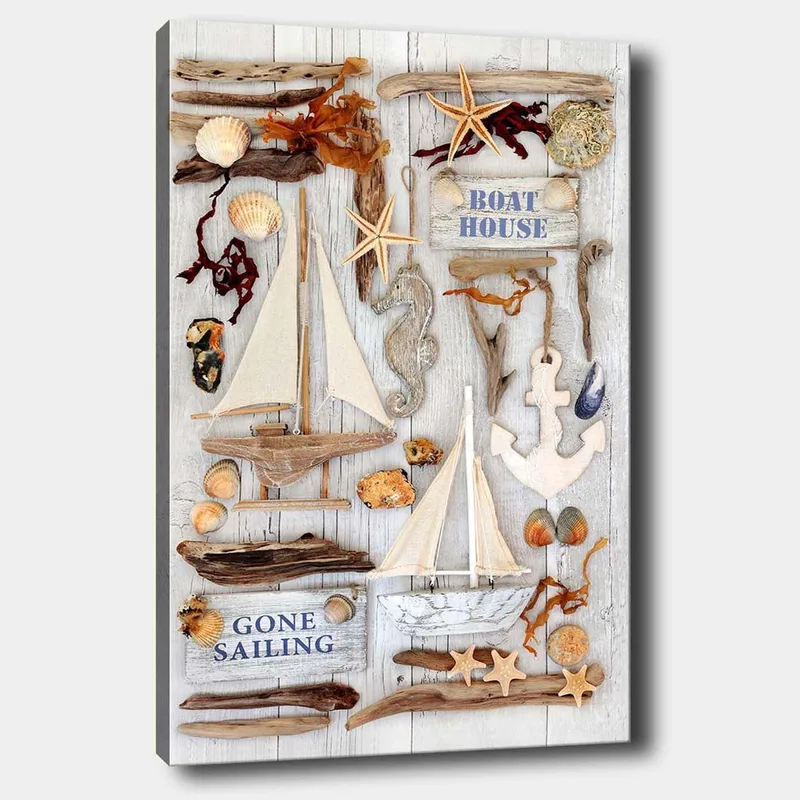 Canvastavla 70x100 cm - Maritim komposition med segelbåtar, snäckor och sjöstjärnor som skapar en somrig atmosfär, Beige / Brunt / Blått