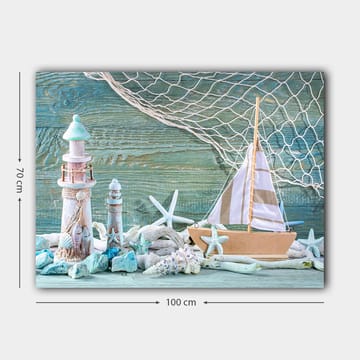 Canvastavla 70x100 cm - Maritim scen med en segelbåt, fyrtorn och sjöstjärnor i en strandmiljö - Blå / Vit / Beige - Inredning - Tavlor & posters - Canvastavla