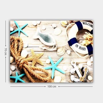 Canvastavla 70x100 cm - Maritim stillhet med sjöstjärnor, snäckor och en livboj som skapar en somrig känsla - Turkos / Beige / Gult - Inredning - Tavlor & posters - Canvastavla