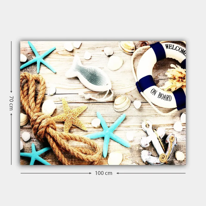 Canvastavla 70x100 cm - Maritim stillhet med sjöstjärnor, snäckor och en livboj som skapar en somrig känsla - Turkos / Beige / Gult - Inredning - Tavlor & posters - Canvastavla