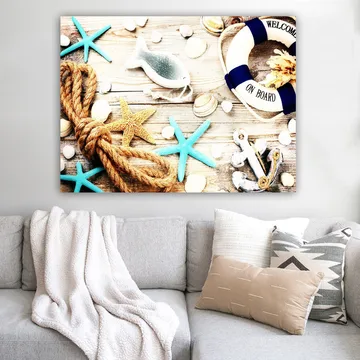 Canvastavla 70x100 cm - Maritim stillhet med sjöstjärnor, snäckor och en livboj som skapar en somrig känsla - Turkos / Beige / Gult - Inredning - Tavlor & posters - Canvastavla