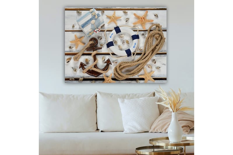 Canvastavla 70x100 cm - Maritimt stilleben med snäckor, stjärnformade sjöstjärnor och en livboj, Beige / Blå / Brun