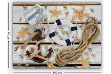Canvastavla 70x100 cm - Maritimt stilleben med snäckor, stjärnformade sjöstjärnor och en livboj - Beige / Blå / Brun - Inredning - Tavlor & posters - Canvastavla