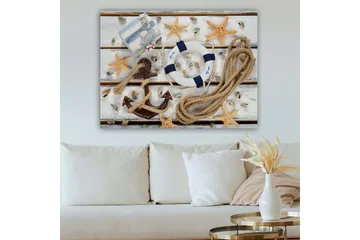 Canvastavla 70x100 cm - Maritimt stilleben med snäckor, stjärnformade sjöstjärnor och en livboj - Beige / Blå / Brun - Inredning - Tavlor & posters - Canvastavla