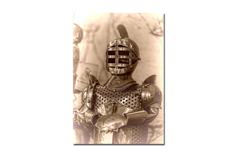 Canvastavla 70x100 cm - Medeltida riddare i rustning med ett karakteristiskt hjälmdesign, Silver / Grå / Brunt