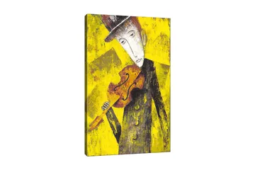 Canvastavla 70x100 cm - Melankolisk musiker som håller en fiol mot en starkt gul bakgrund - Gul / Svart / Brun - Inredning - Tavlor & posters - Canvastavla