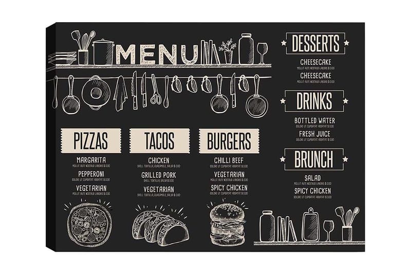 Canvastavla 70x100 cm - Meny med olika maträtter och drycker illustrerad i en stilren design, Svart / Beige