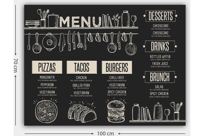 Canvastavla 70x100 cm - Meny med olika maträtter och drycker illustrerad i en stilren design - Svart / Beige - Inredning - Tavlor & posters - Canvastavla