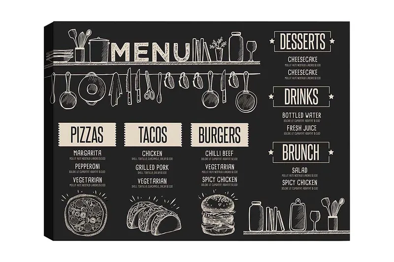 Canvastavla 70x100 cm - Meny med olika maträtter och drycker illustrerad i en stilren design, Svart / Beige