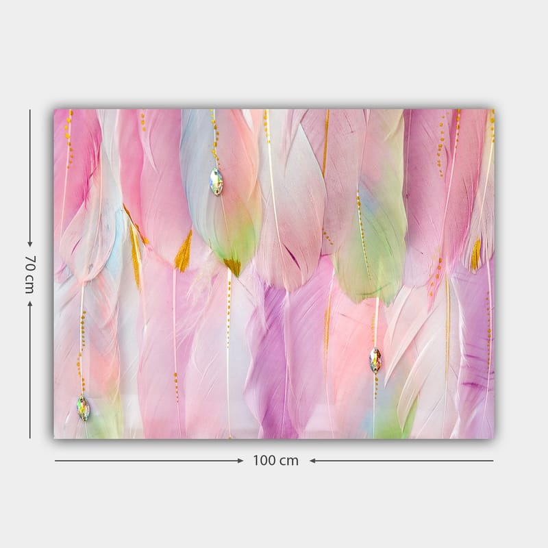 Canvastavla 70x100 cm - Mjuka fjädrar i pastellfärger som skapar en drömlik atmosfär - Ljusrosa / Mintgrön / Guld - Inredning - Tavlor & posters - Canvastavla