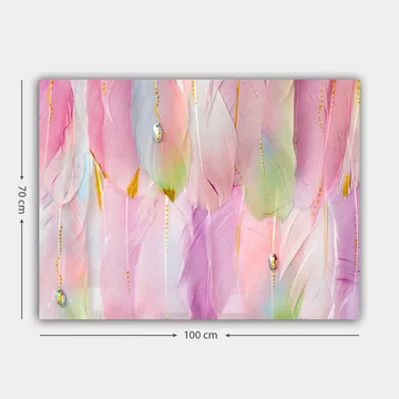 Canvastavla 70x100 cm - Mjuka fjädrar i pastellfärger som skapar en drömlik atmosfär - Ljusrosa / Mintgrön / Guld - Inredning - Tavlor & posters - Canvastavla