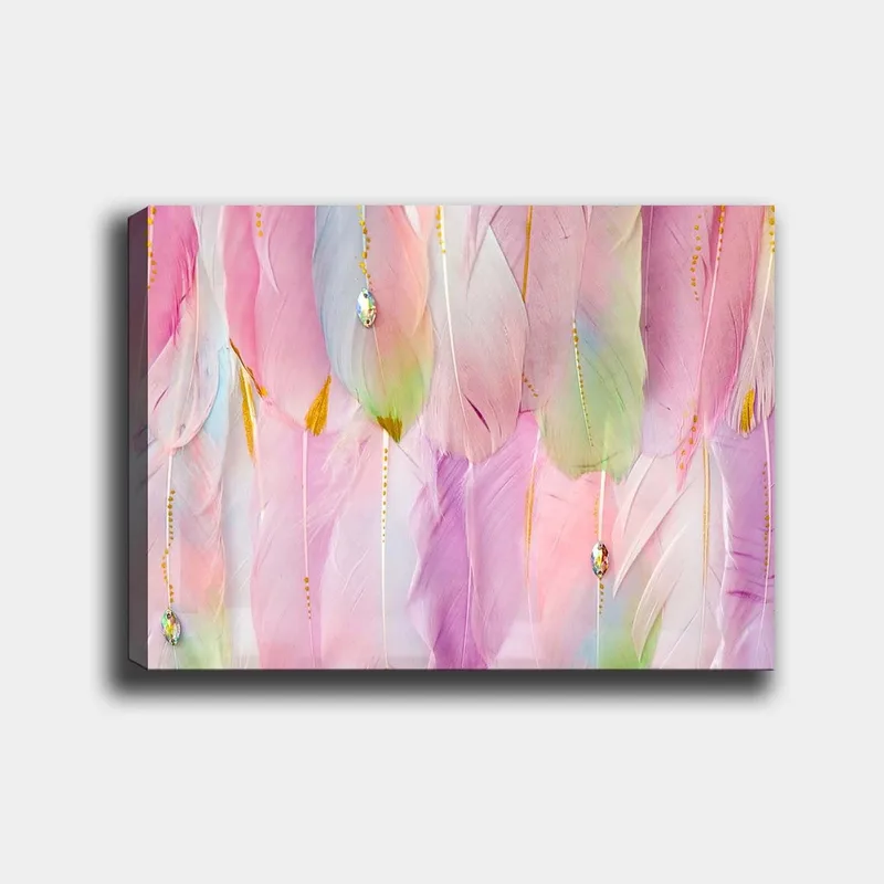 Canvastavla 70x100 cm - Mjuka fjädrar i pastellfärger som skapar en drömlik atmosfär, Ljusrosa / Mintgrön / Guld