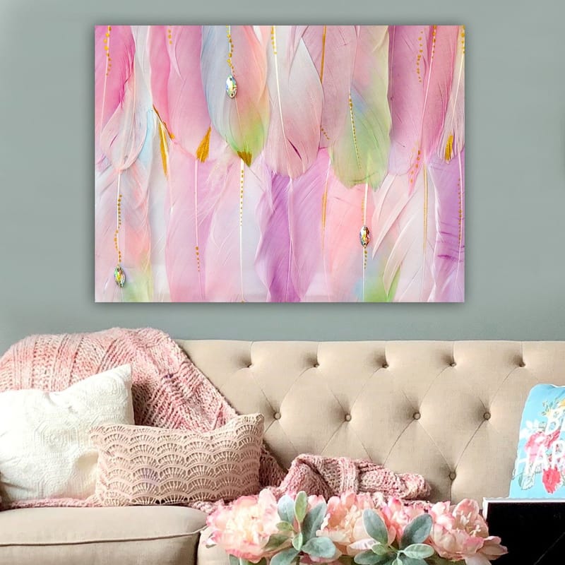 Canvastavla 70x100 cm - Mjuka fjädrar i pastellfärger som skapar en drömlik atmosfär - Ljusrosa / Mintgrön / Guld - Inredning - Tavlor & posters - Canvastavla